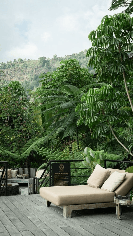 Outdoor lounge deck overlooking a lush jungle hillside